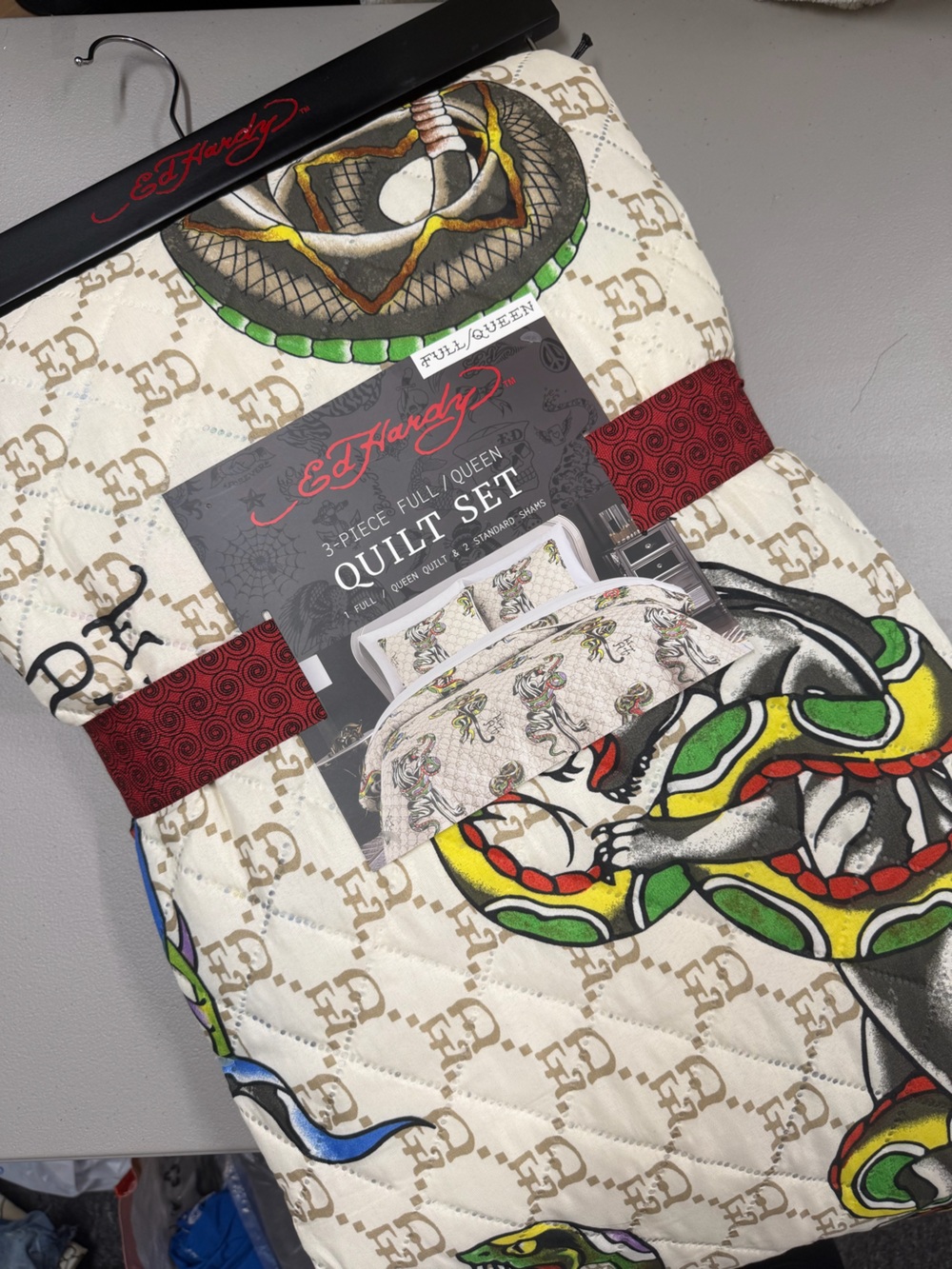 Ed Hardy Full / Queen Quilt Shams Set Bedding Panther Snake Accents ED Print NWT